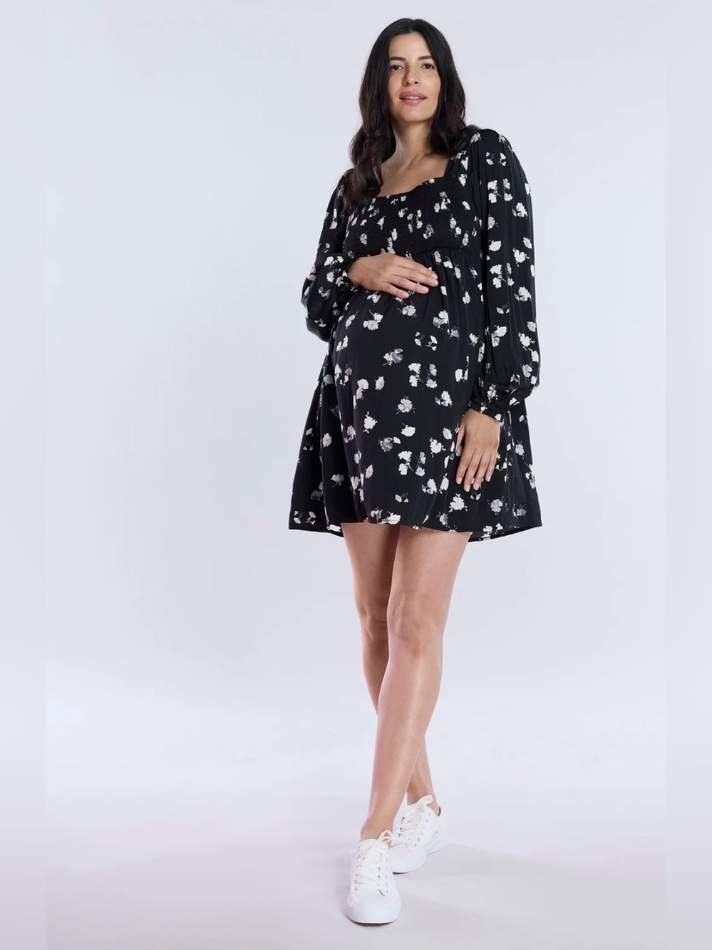 Motherhood Black Floral Smocked Maternity Babydoll Long Sleeve Dress XL